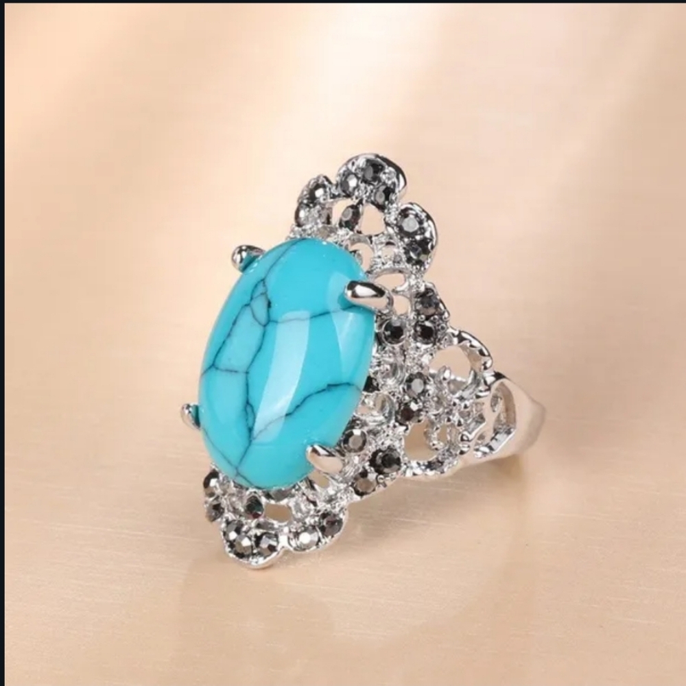 New! Unique S.S Filled 925 Blue Turquoise Ring